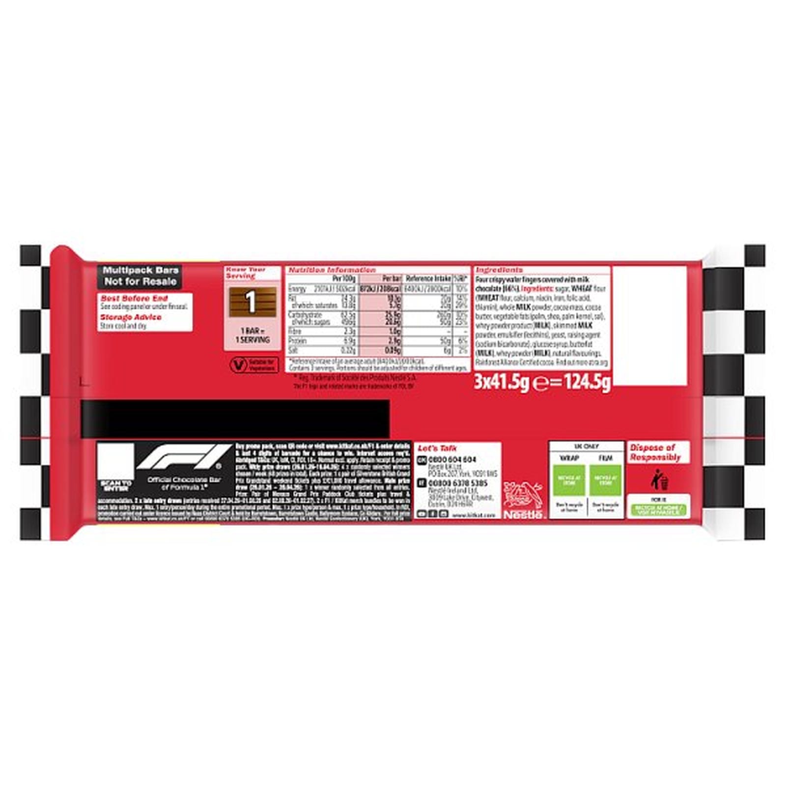 KitKat F1 4 Finger Milk Chocolate Biscuit Bar 3 Pack Multipack 124.5g PMP £1.85