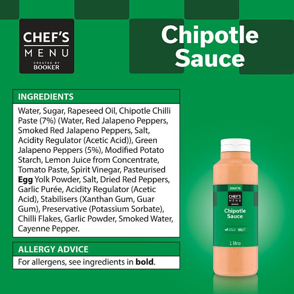 Chef's Menu Chipotle Sauce Smoky Heat Creamy Base 1 Litre Bottle Suitable For Vegetarians