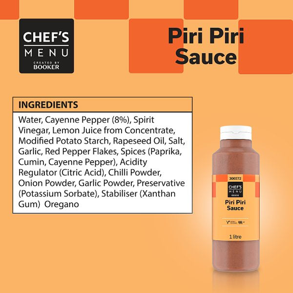 Chef's Menu Piri Piri Sauce Level 3 Heat With Citrus Edge Lemon Juice And Cayenne 1 Litre Bottle