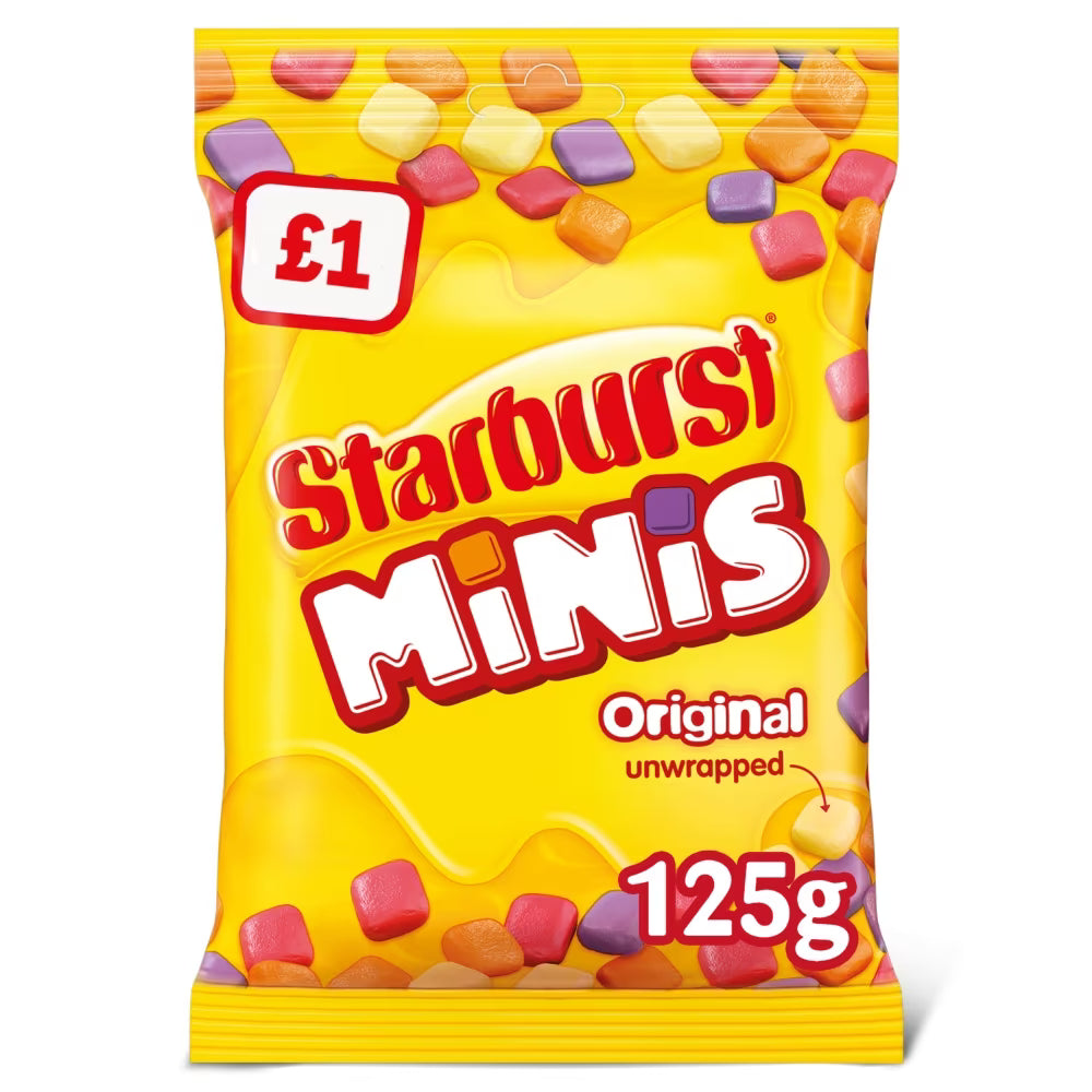 Starburst Minis Vegan Chews Sweets Pouch Bag £1 PMP 125g – 12 x 125g