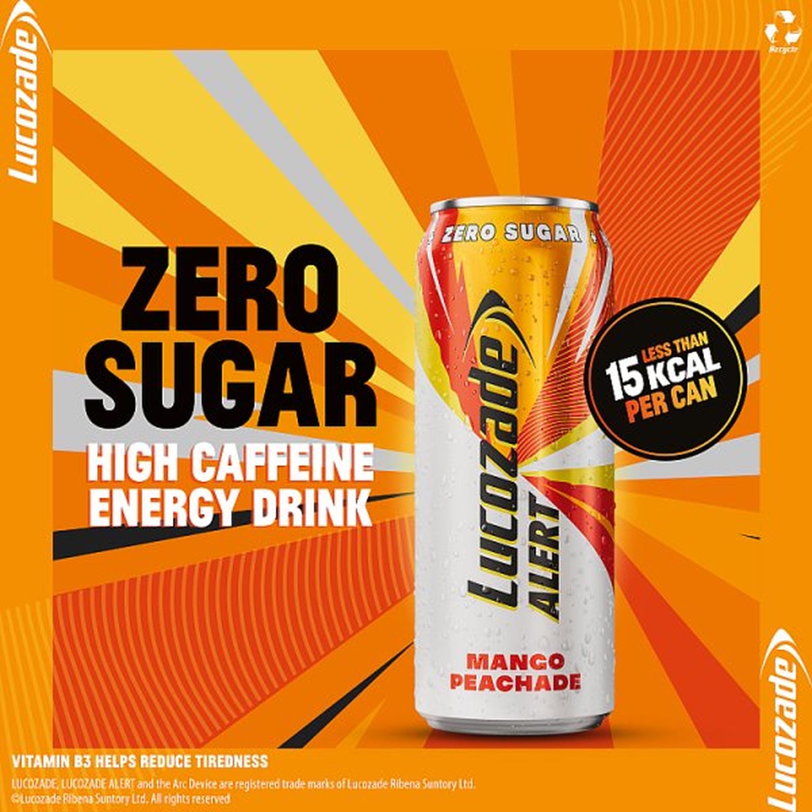 Lucozade Alert Energy Drink Zero Sugar Mango Peachade PMP £1 500ml