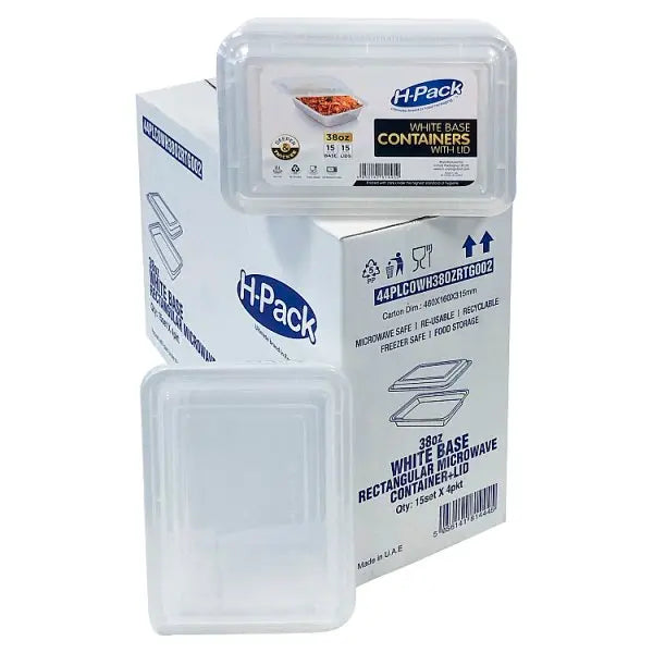 38oz White Base Rectangular Microwave Container + Lid – 4 x 15s