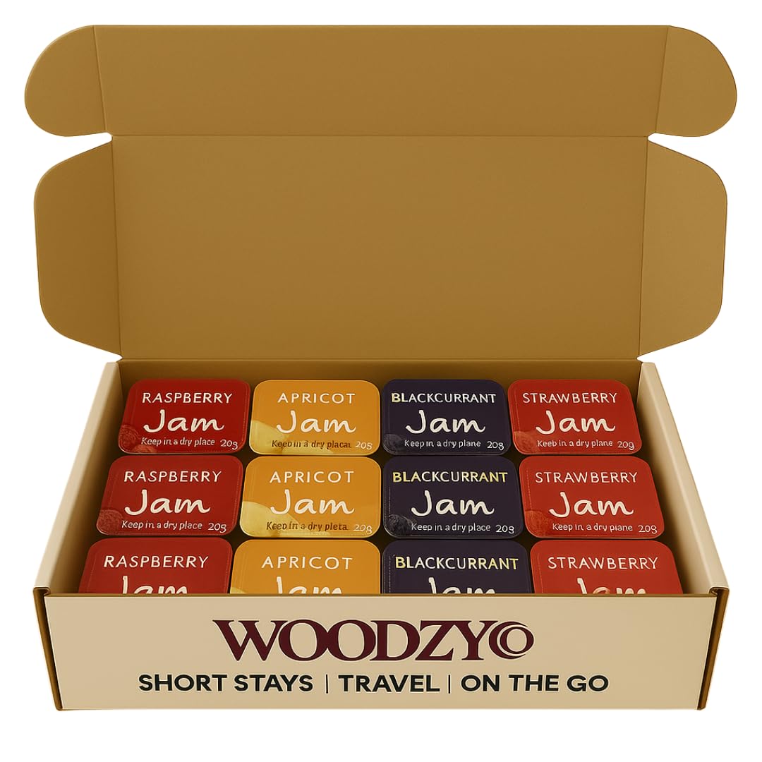 WoodzyCo Jam Pots Six Each Raspberry Apricot Blackcurrant Strawberry Individually Sealed Multi Pack 24 Pack