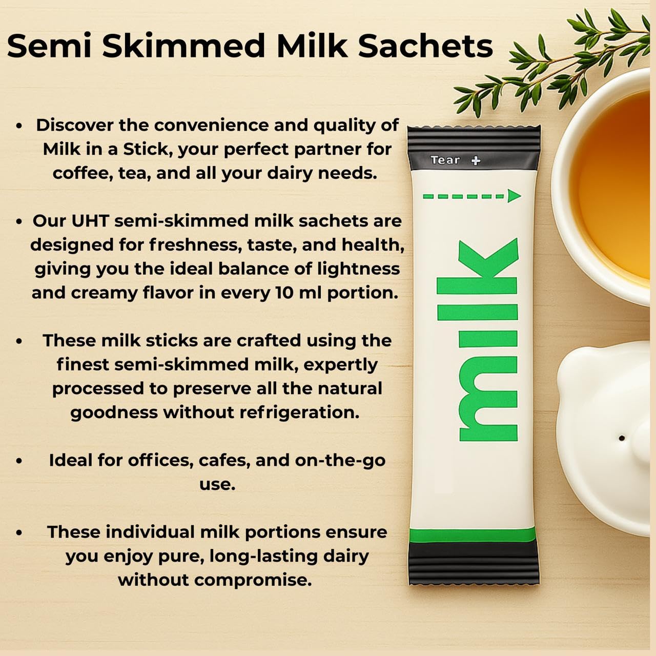 Lakeland UHT Milk Sachets 10ml Single-Use Portions For Coffee On The Go For Office And Travel Use