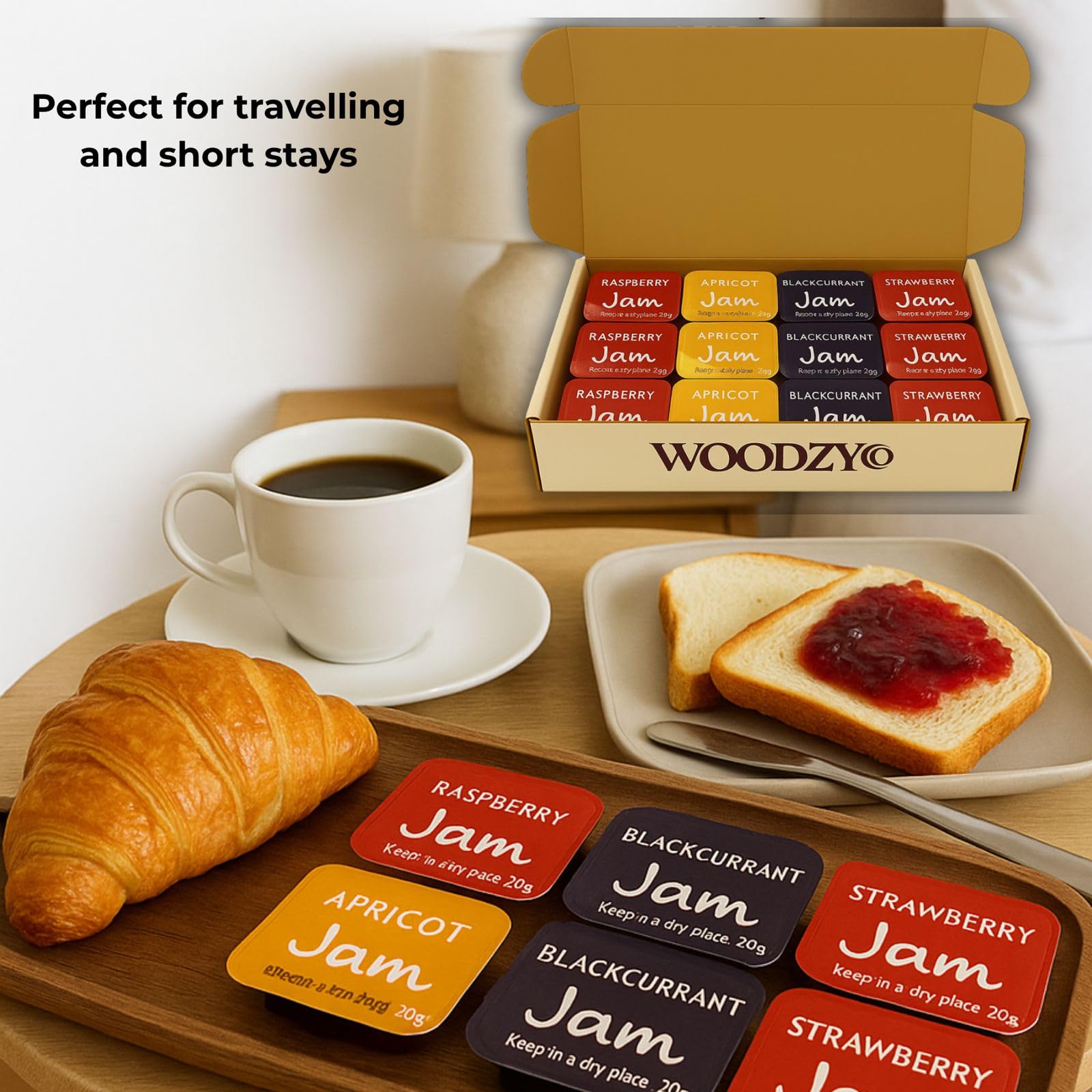 WoodzyCo Jam Pots Six Each Raspberry Apricot Blackcurrant Strawberry Individually Sealed Multi Pack 24 Pack