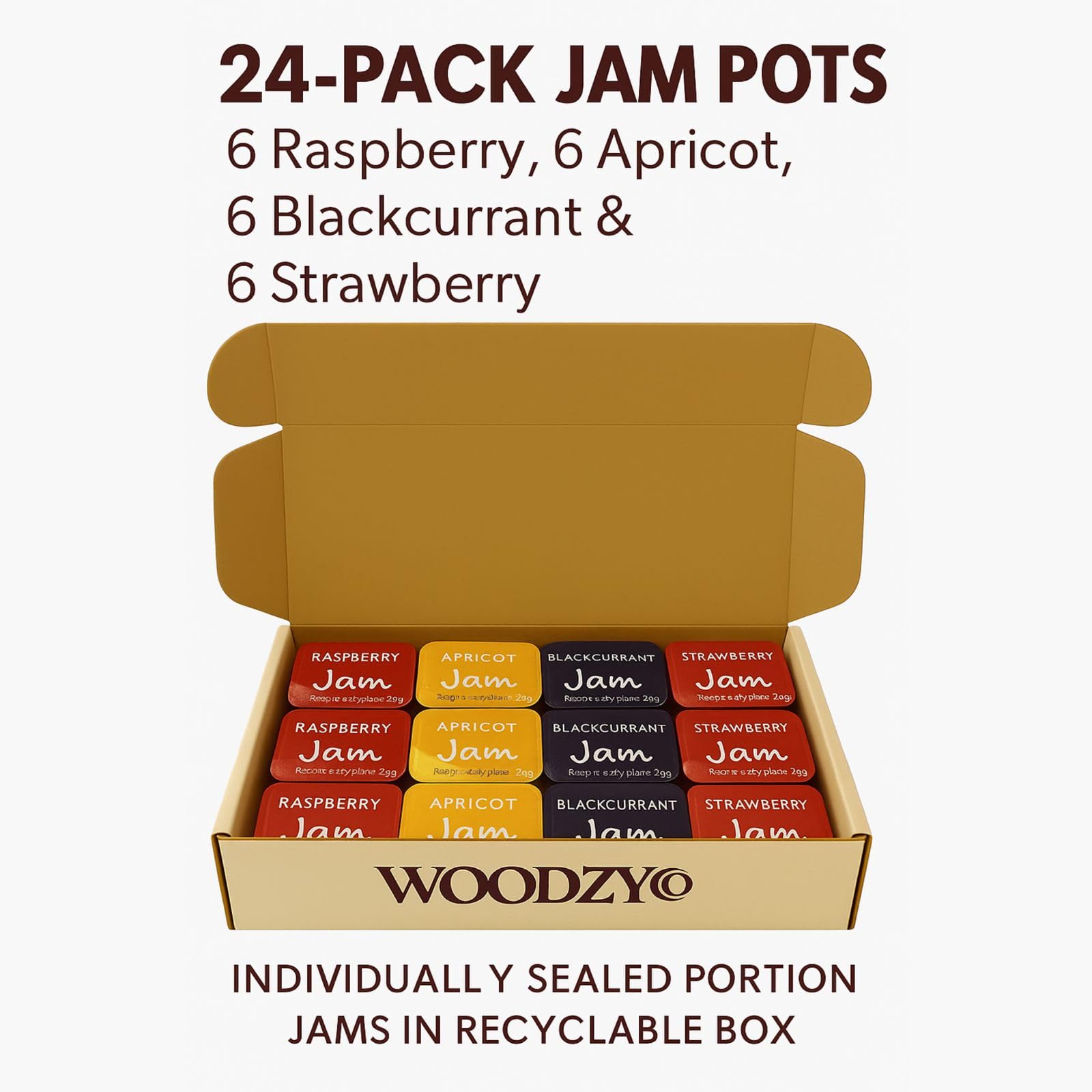 WoodzyCo Jam Pots Six Each Raspberry Apricot Blackcurrant Strawberry Individually Sealed Multi Pack 24 Pack