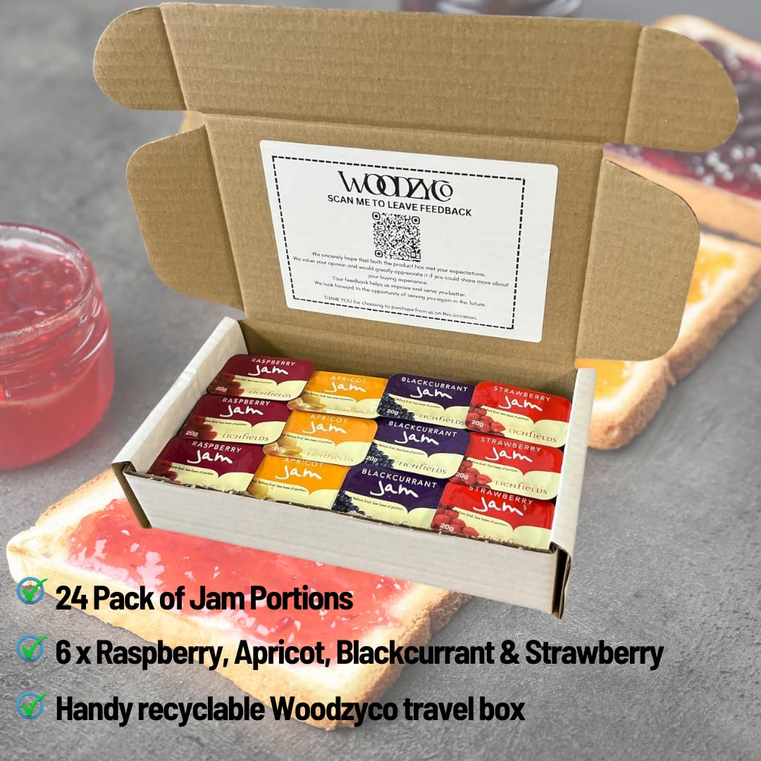 WoodzyCo Jam Pots Six Each Raspberry Apricot Blackcurrant Strawberry Individually Sealed Multi Pack 24 Pack