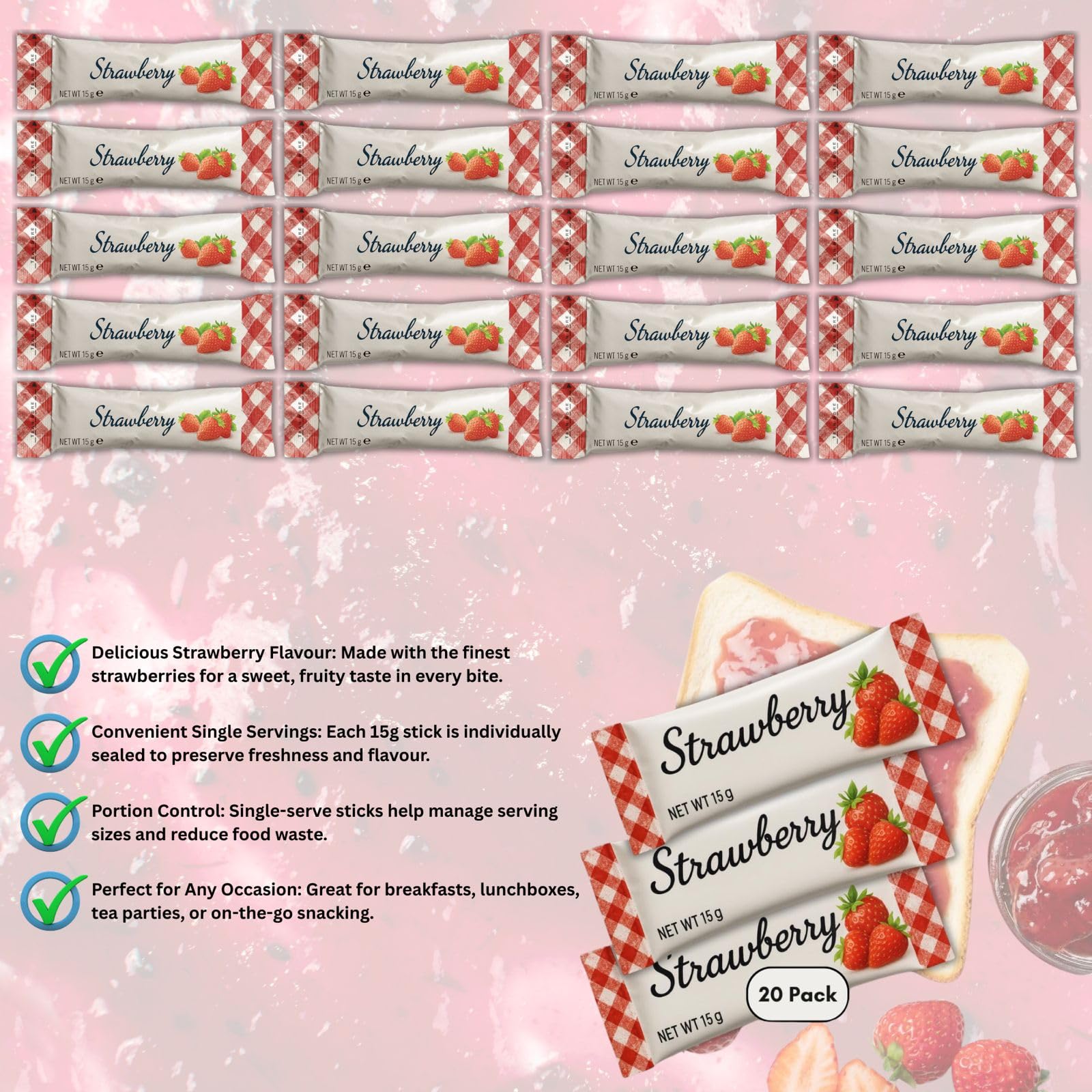 Strawberry Conserve Sticks French Jam 15g Portion Packs 20 Pack Single-Serve Sachets