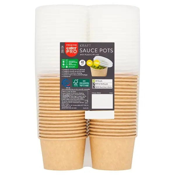 CaterPro 40 Kraft Sauce Pots with Plastic PP Lids 113ml – 6 x 40s