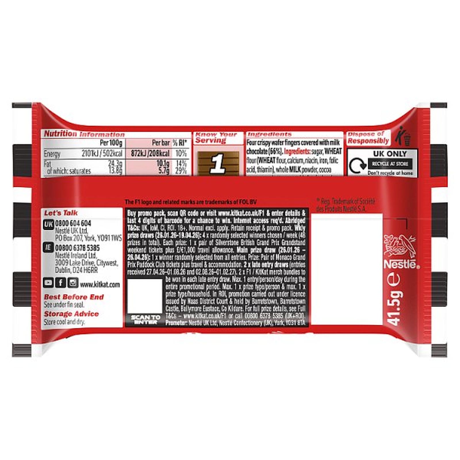 KitKat F1 4 Finger Milk Chocolate Biscuit Bar 41.5g PMP 89p