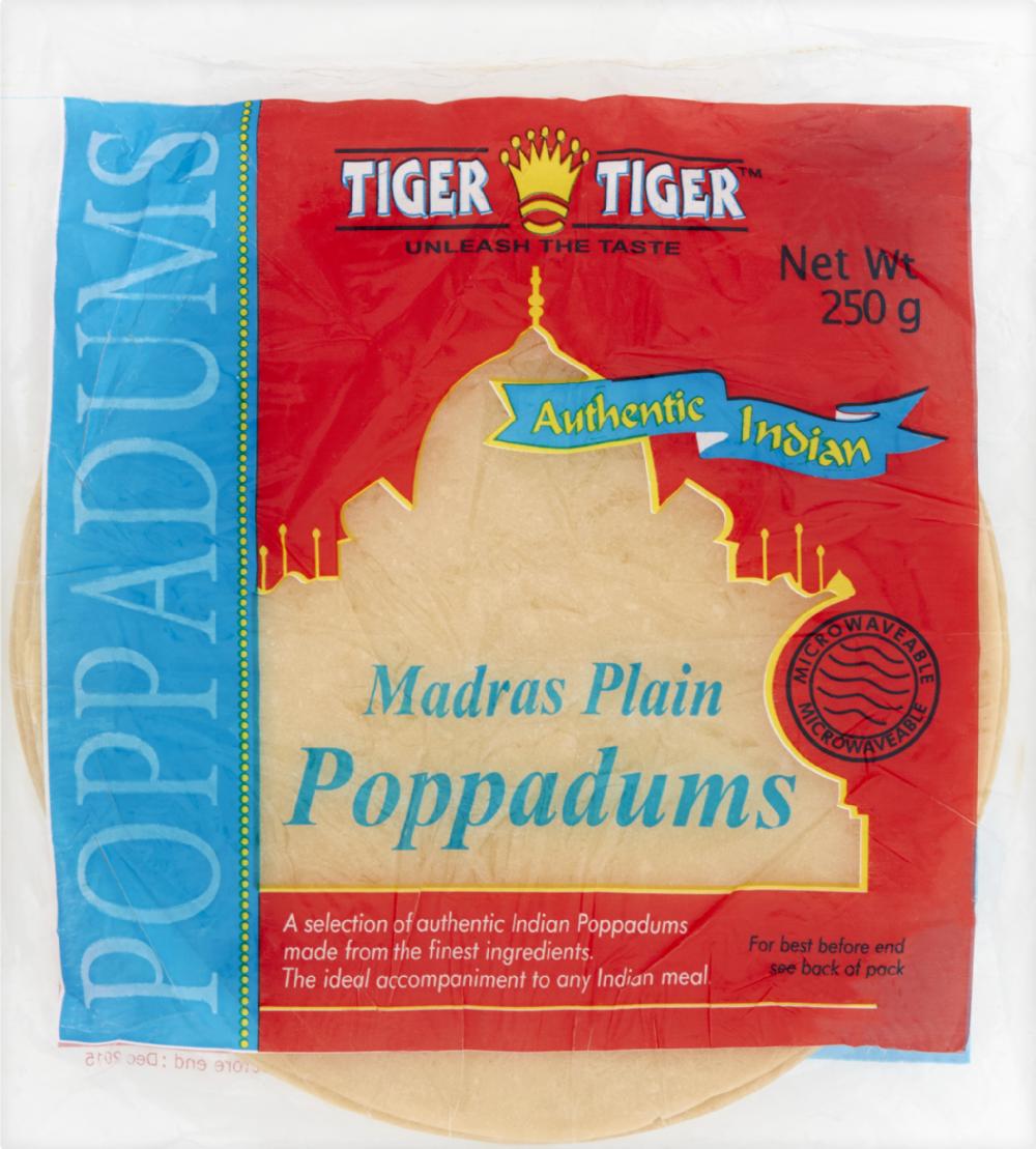 Tiger Tiger Poppadums Madras Plain Authentic Indian 250g Case Of 10 x 250g Multi Pack