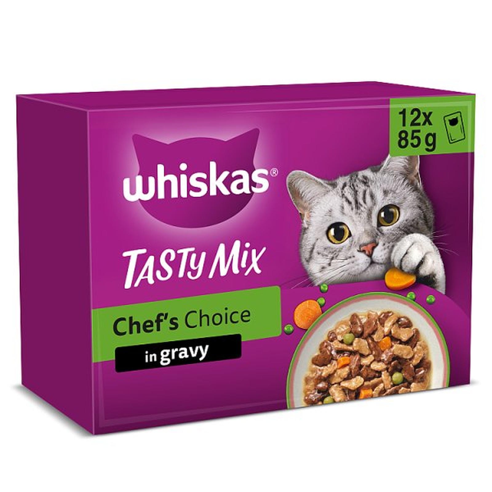 WHISKAS 1+ TASTY MIX Chefs Choice Wet Cat Food Pouches in Gravy 12 x 85g