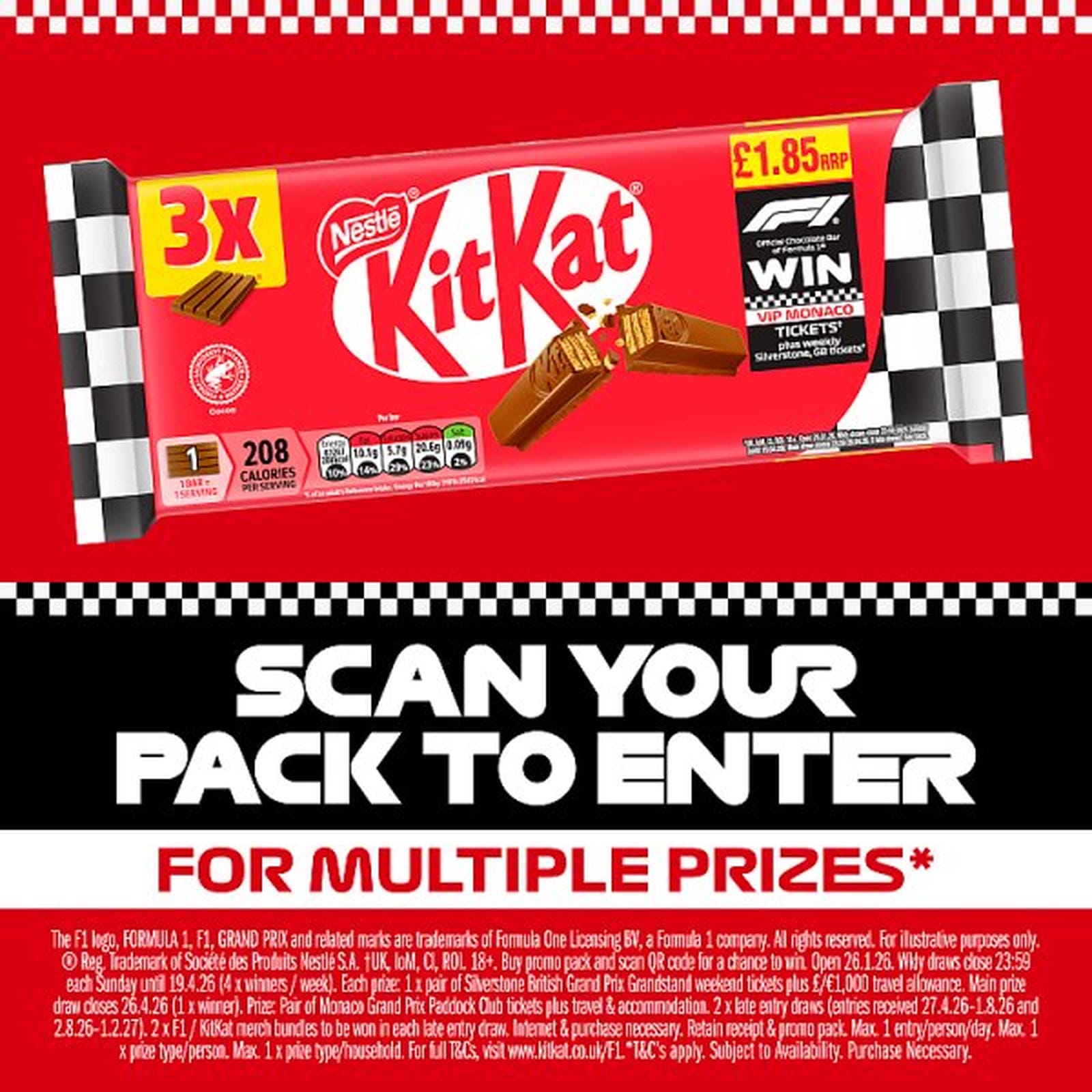 KitKat F1 4 Finger Milk Chocolate Biscuit Bar 3 Pack Multipack 124.5g PMP £1.85