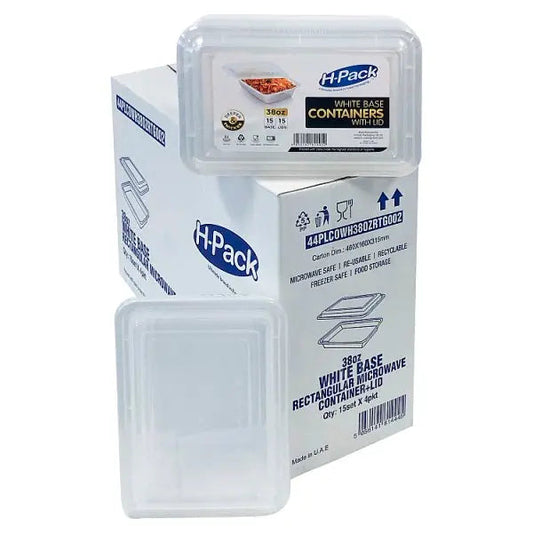 38oz White Base Rectangular Microwave Container + Lid – 4 x 15s