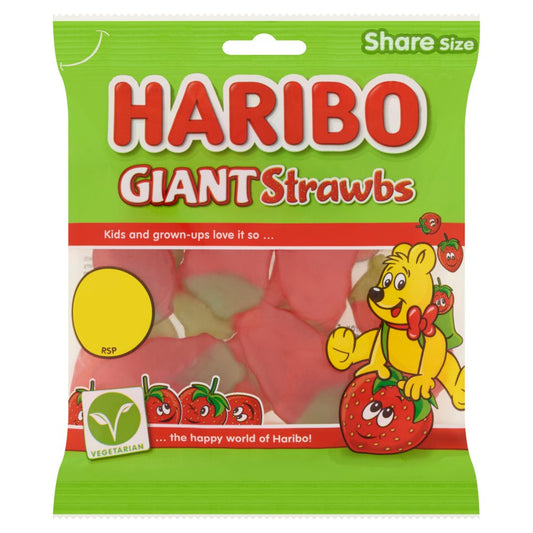 HARIBO Giant Strawbs Strawberry Flavour Chewy Jelly Sweets Sharing Bag 140g – 12 x 140g