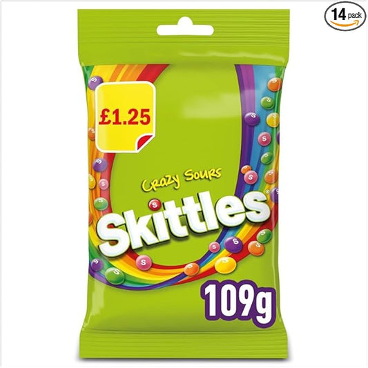 Skittles Vegan Chewy Crazy Sour Sweets Fruit Flavoured Treat Bag £1 PMP 109g – 14 x 109g