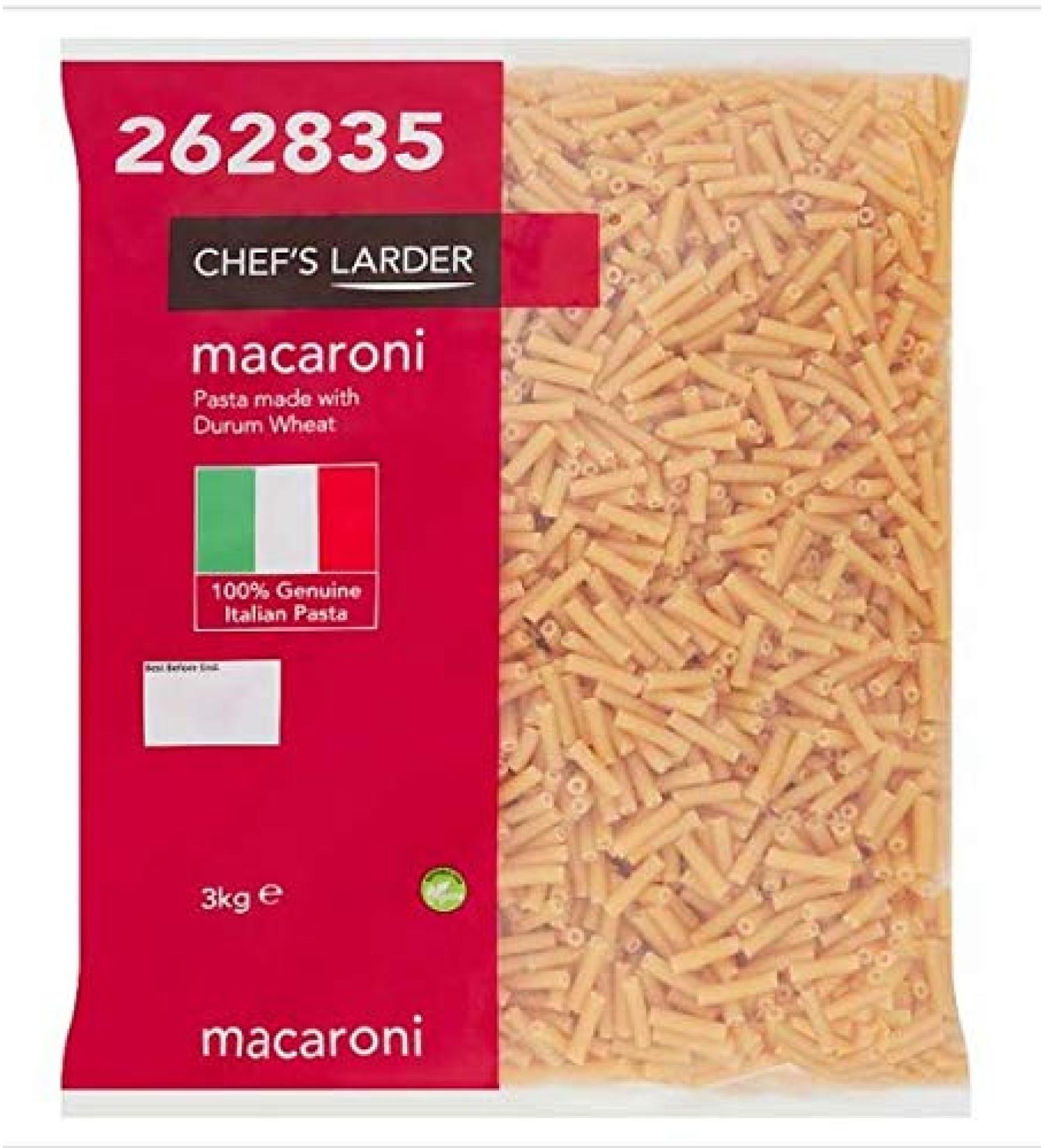 Chef's Larder Macaroni Dry Pasta 3kg Pack 1 x 3kg For Retail And Foodservice Use