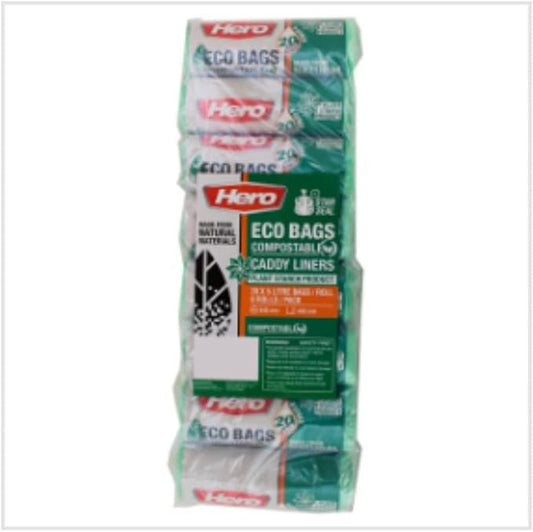 Hero Eco Bags Compostable Caddy Liners 20 x 5 Litre Bags/Roll 8 Rolls/Pack – 8 x 20s