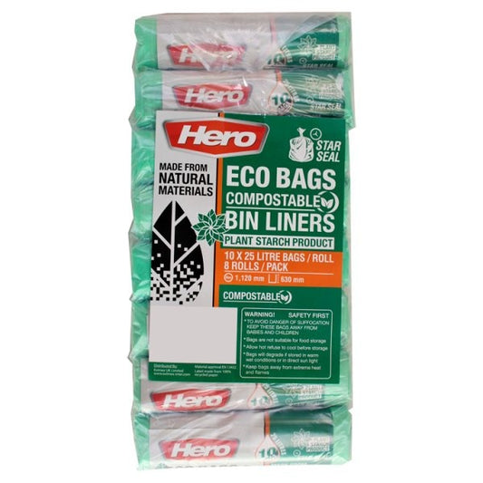 Hero Eco Bags Compostable Bin Liners 10 x 25 Litre Bags/Roll 8 Rolls/Pack – 40 x 10s