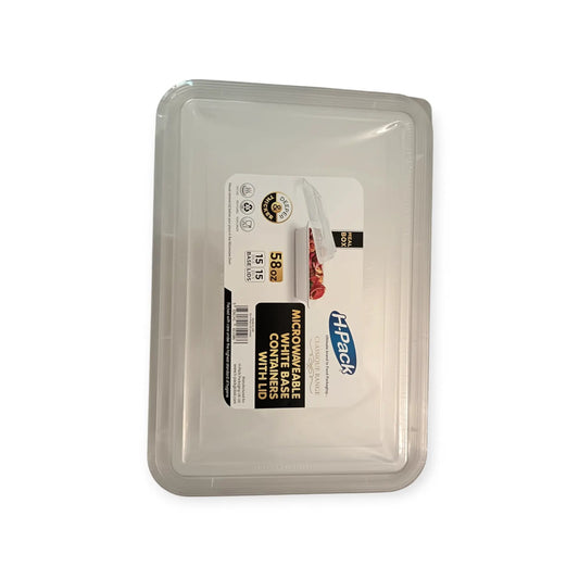 58oz WHITE BASE RECT MICROWAVE CONTAINER + LIDS – 6 x 15s