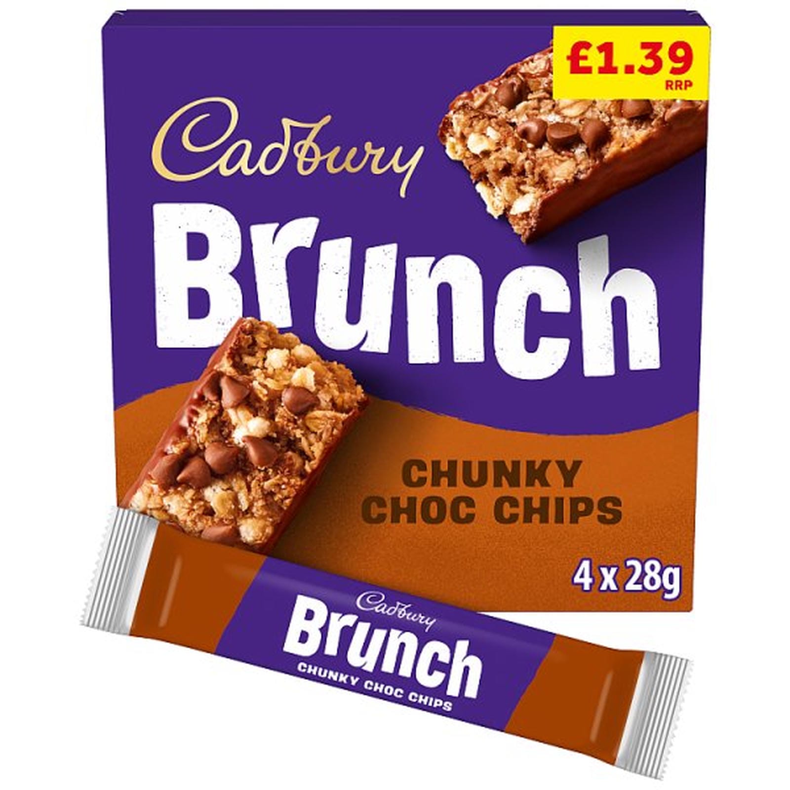 Cadbury Brunch Oats Chocolate Chip Cereal Bars, PMP £1.39, 4 Pack Multipack 112g (4 x 28g)