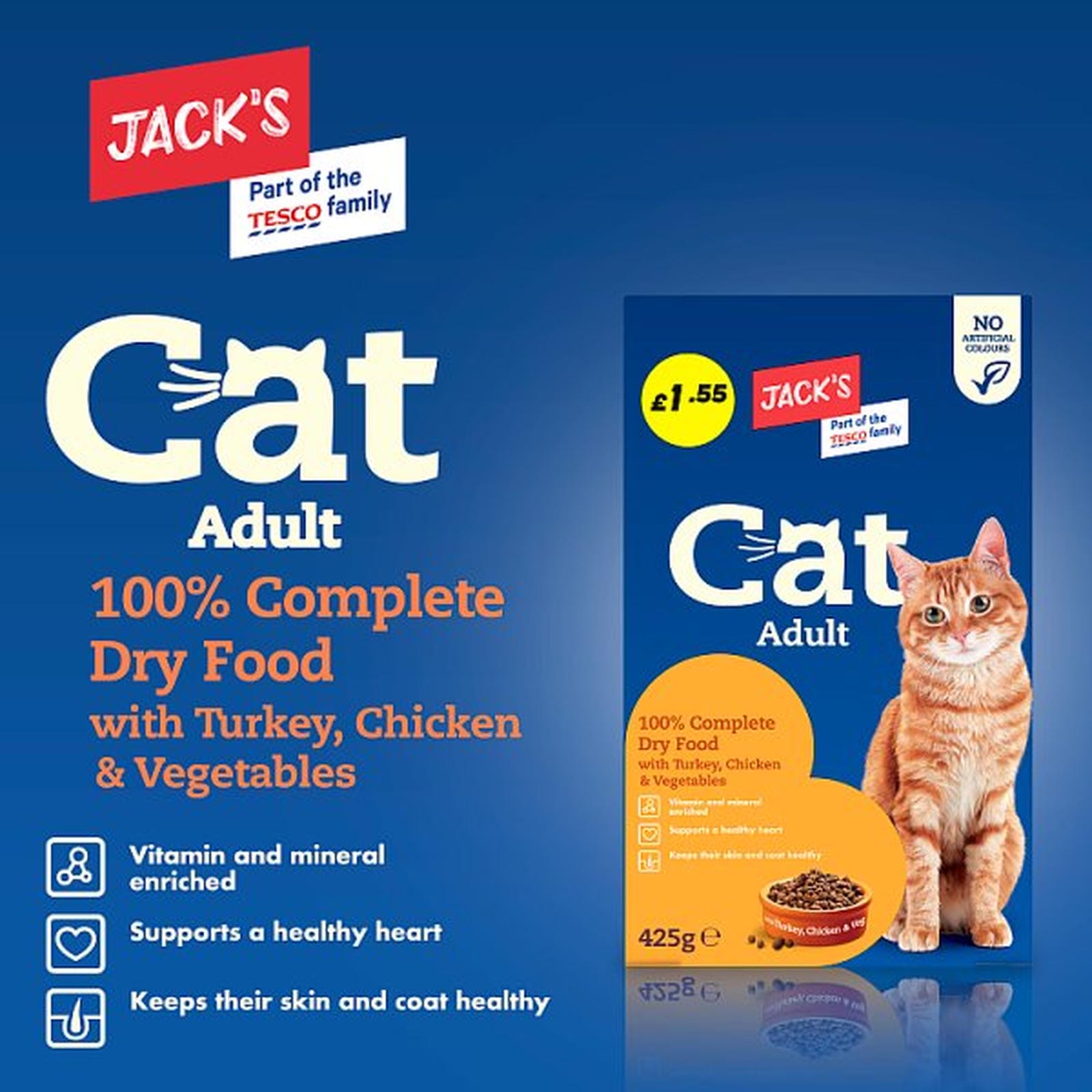 Jack's Cat Adult 100% Complete Dry Food with Turkey, Chicken & Vegetables 425g