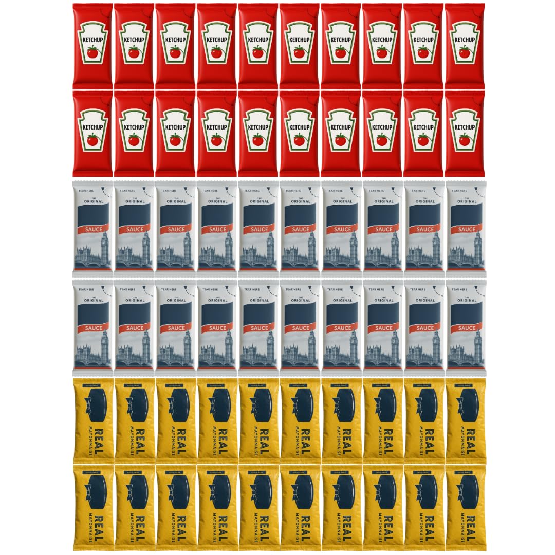 Condiment Sachet Bundle 75-Pack Multi Pack 10ml Tomato Ketchup, Mayonnaise and Brown Sauce