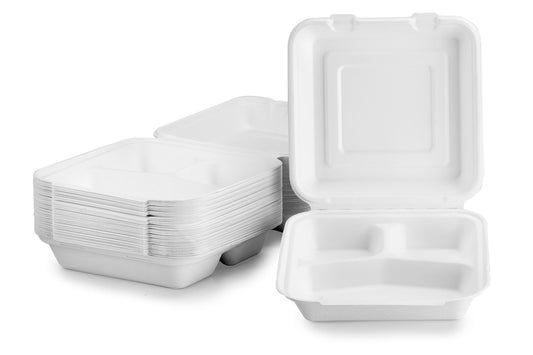 CaterPro 50 Bagasse Triple Compartment Food Boxes with Hinged Lids – 4 x 50 pk