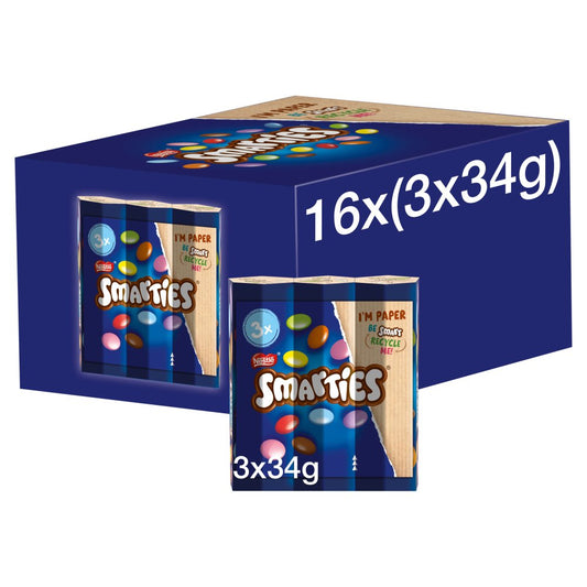 Smarties Milk Chocolate Tube 3 Pack Multipack 102g – 16 x 3x34g