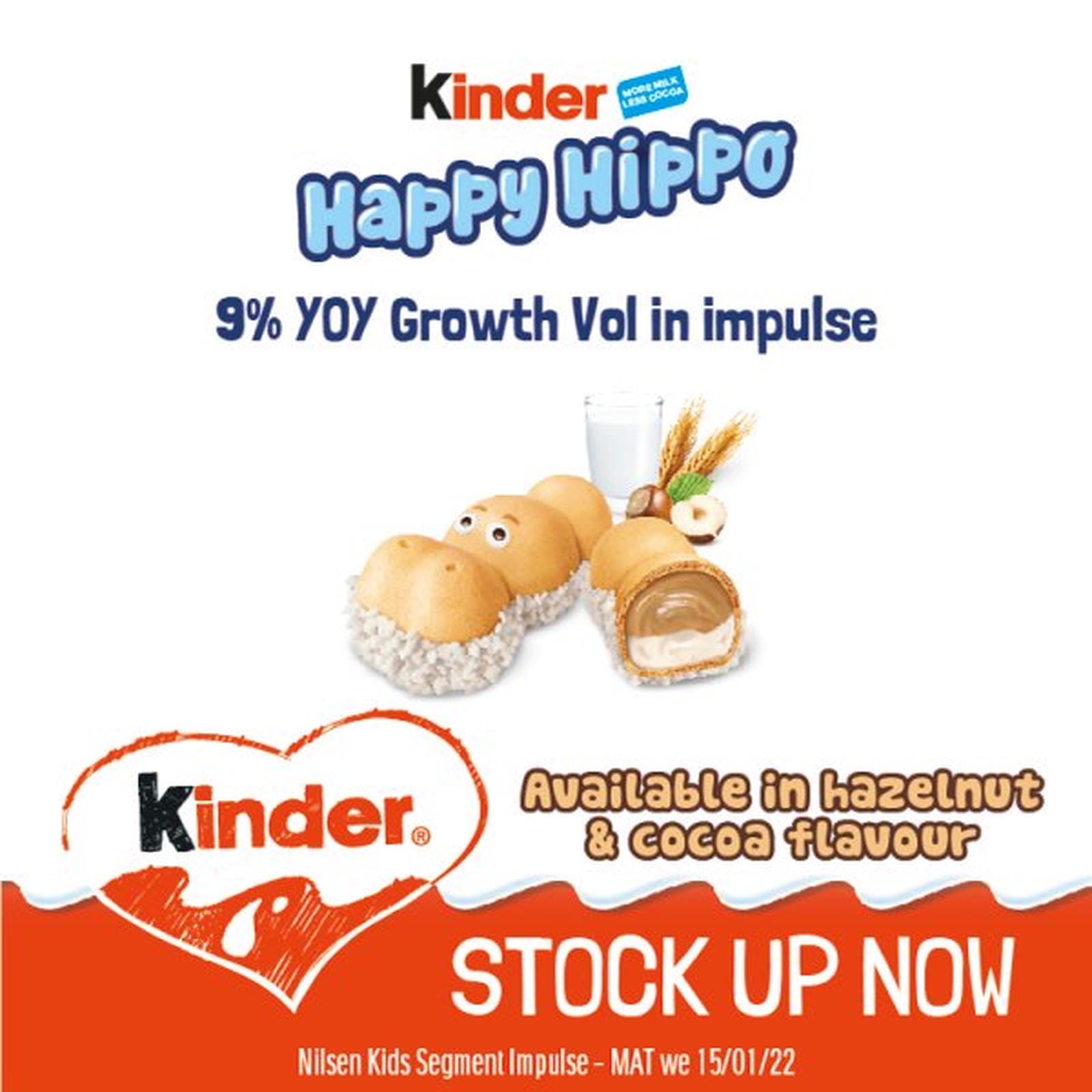 Kinder Happy Hippo Milk & Hazelnut Filling Wafer Biscuit Snack Bar 20.7g