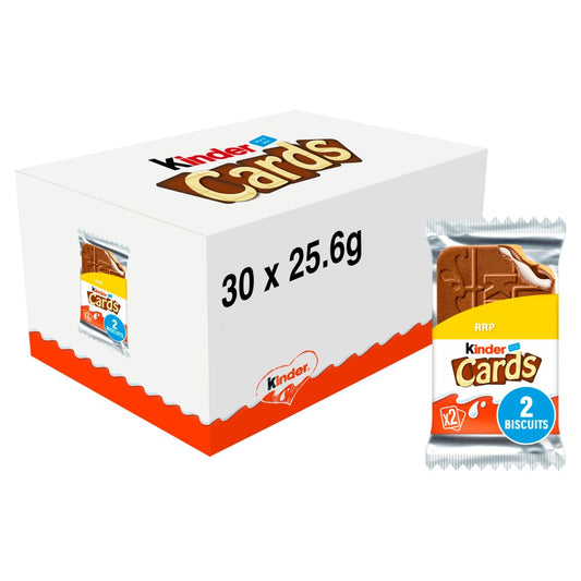Kinder Cards Milk Chocolate Wafer Biscuit Snack Bar Twin Pack 25.6g PMP – 30 x 25.6g