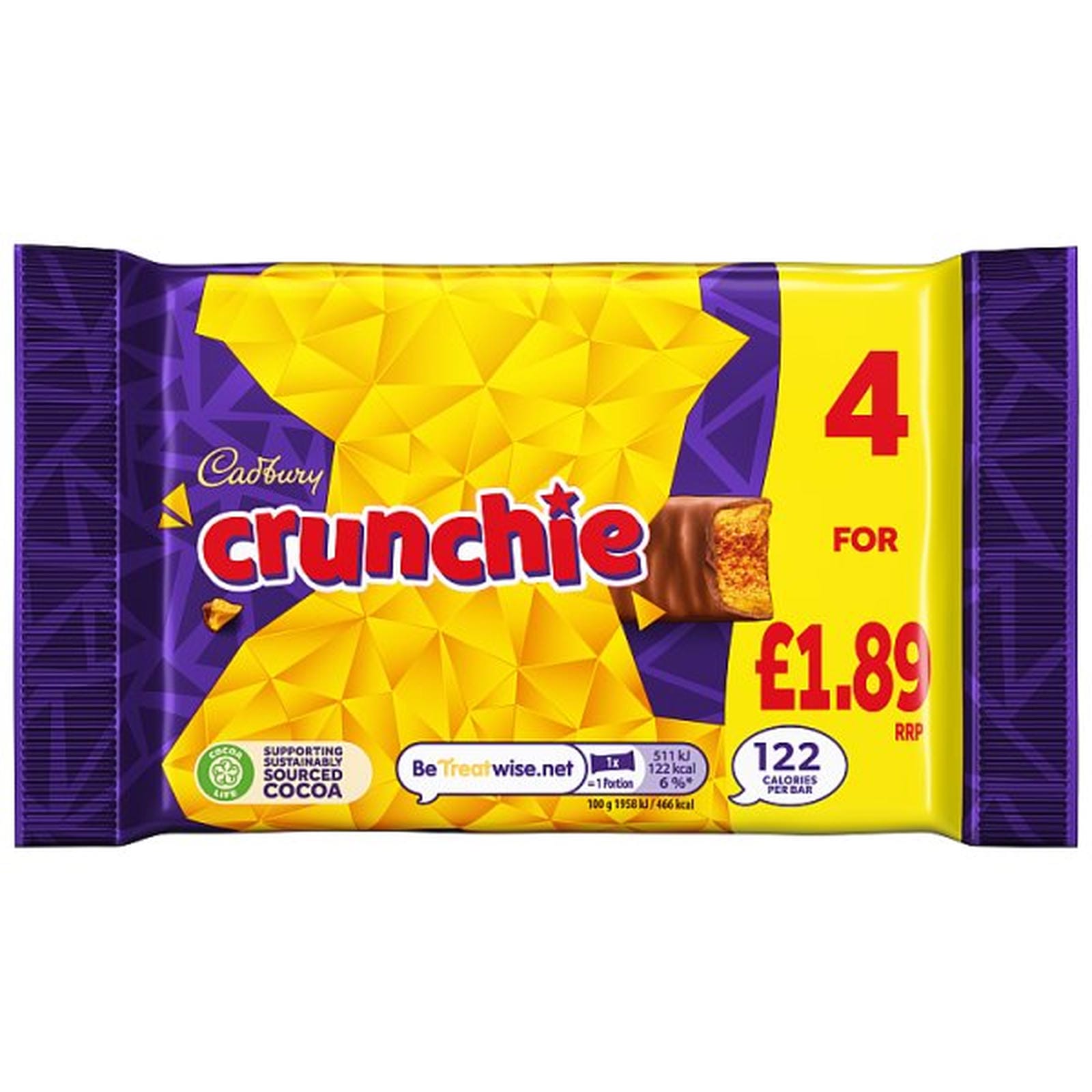 Cadbury Crunchie Chocolate Bar 4 Pack Multipack £1.89 PMP 104.4g