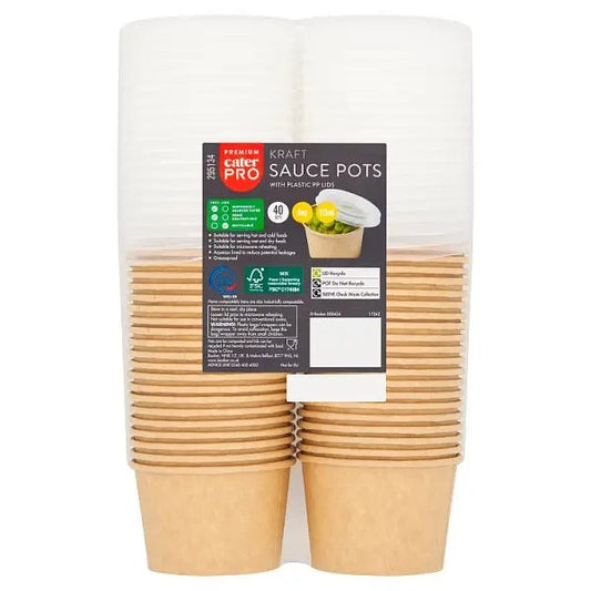 CaterPro 40 Kraft Sauce Pots with Plastic PP Lids 113ml – 6 x 40s