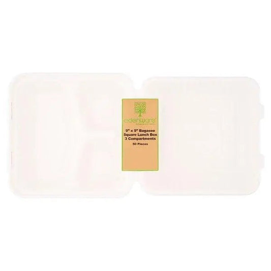Edenware 9" x 9" Bagasse Square Lunch Box 50 Pieces – 1 x 50pk