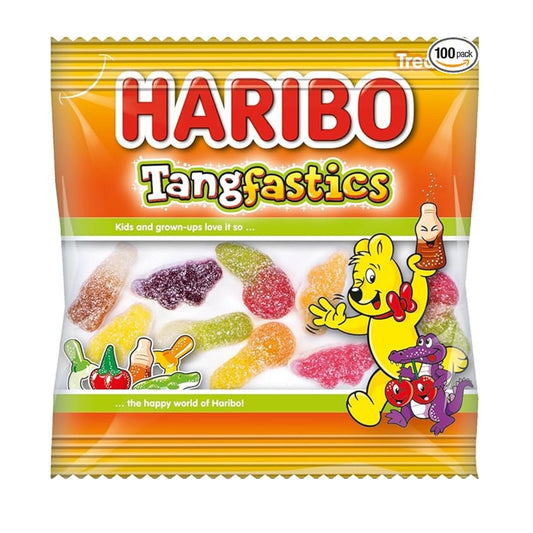 HARIBO Tangfastics Fruit & Cola Flavour Fizzy Jelly Sweets Fun Size Bag 16g – 100 x 16g
