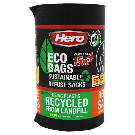 Hero 40 Eco Bags Sustainable Refuse Sacks Extra Strong 100 Litres – 6 x 40s