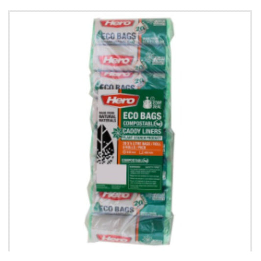 Hero Eco Bags Compostable Caddy Liners 20 x 5 Litre Bags/Roll 8 Rolls/Pack – 40 x 20s
