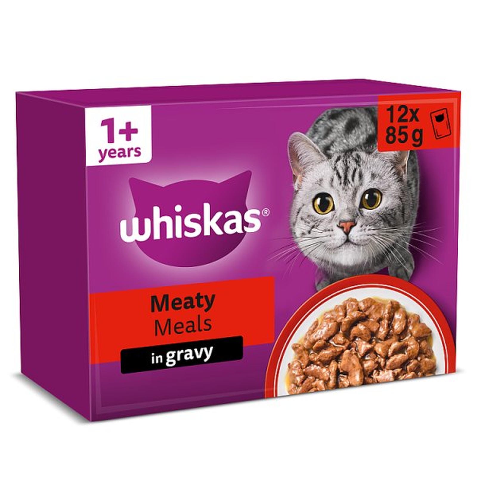 WHISKAS 1+ MEATY Meals Wet Cat Food Pouches in Gravy 12 x 85g