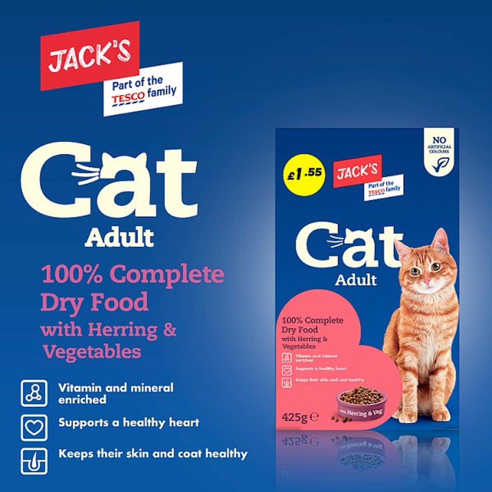 Jack's Cat Adult 100% Complete Dry Food with Herring & Vegetables 425g
