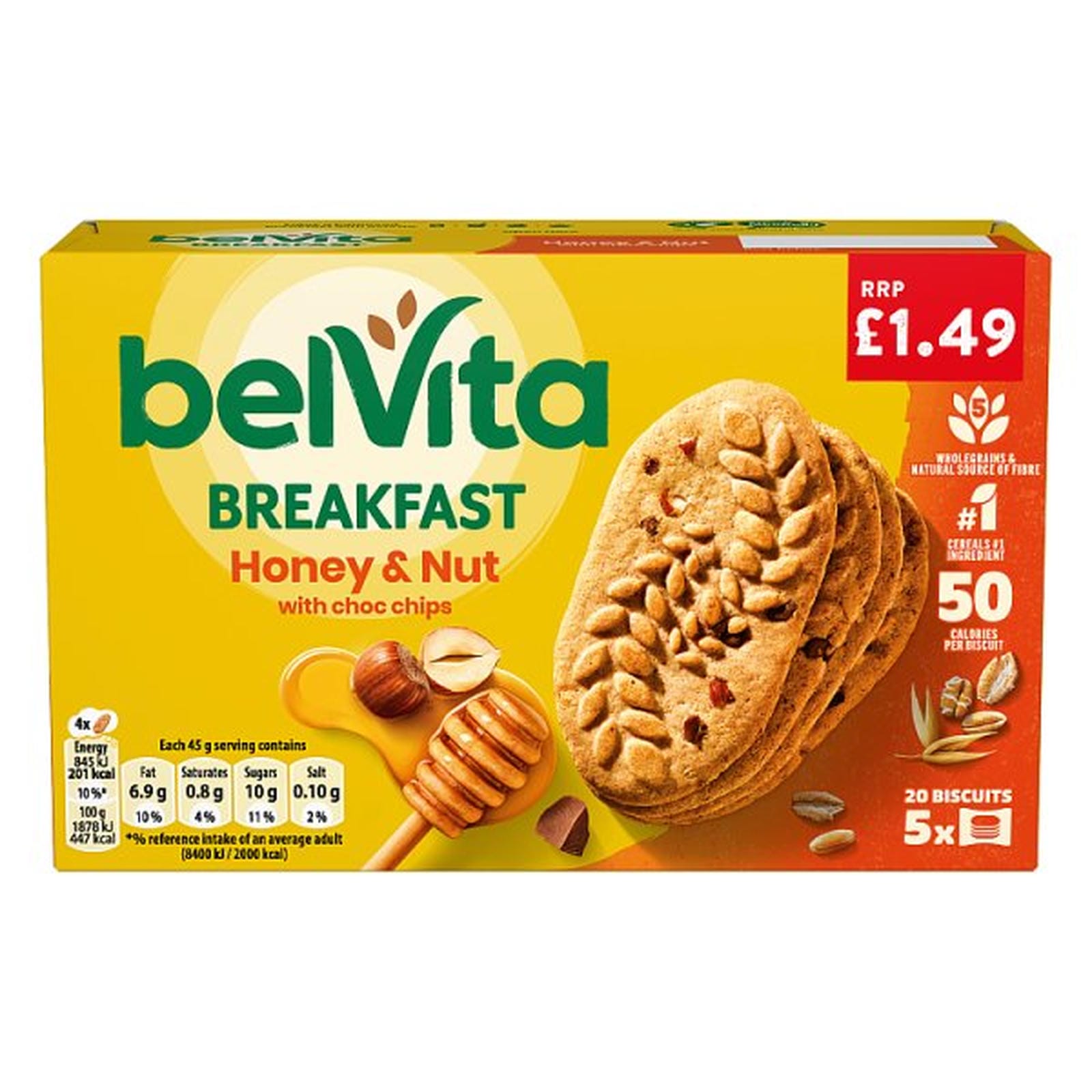 Belvita Honey & Nut with Chocolate Chips Cereal Snack Bars Multipack £1.49 PMP 225g (5 x 45g)