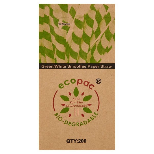 Ecopac Bio-Degradable 200 Green/White Smoothie Paper Straw – 20 x 200s