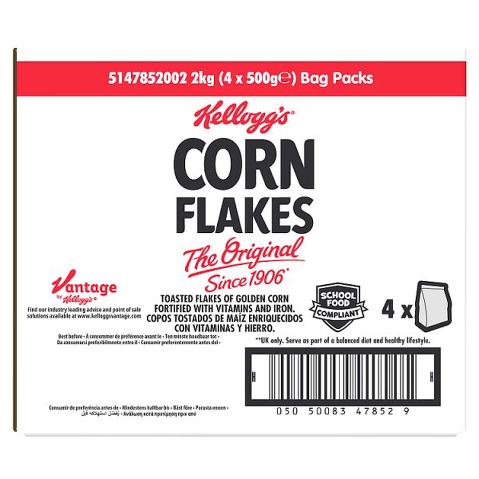 Kellogg's Corn Flakes Breakfast Cereal Bag Packs 4 x 500g