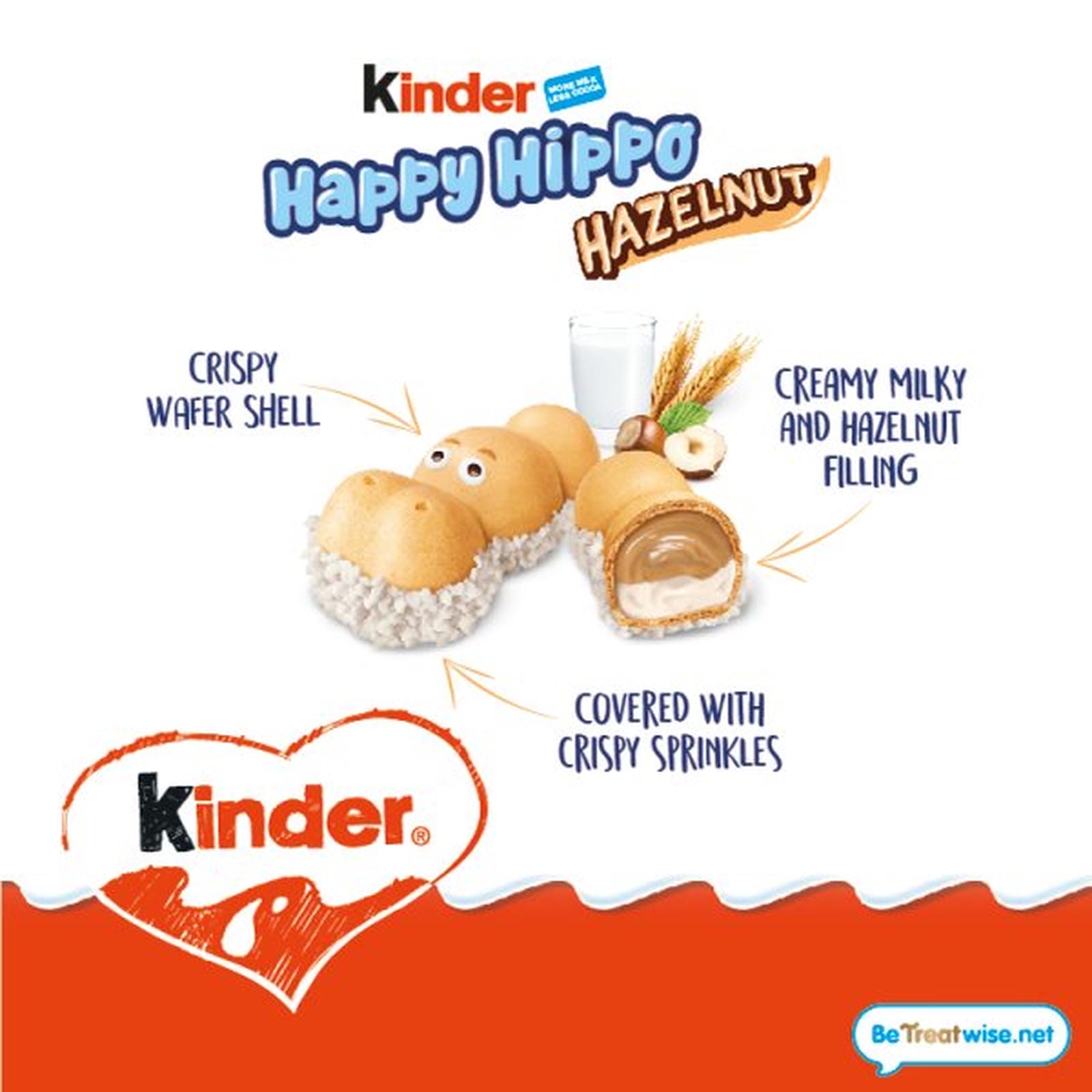 Kinder Happy Hippo Milk & Hazelnut Filling Wafer Biscuit Snack Bar 20.7g