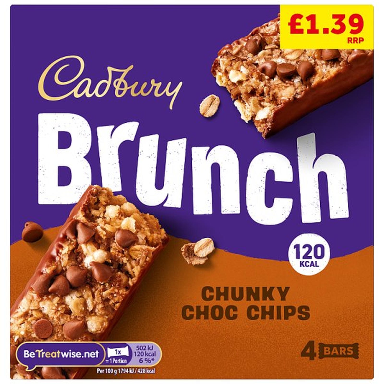 Cadbury Brunch Oats Chocolate Chip Cereal Bars, PMP £1.39, 4 Pack Multipack 112g (4 x 28g)
