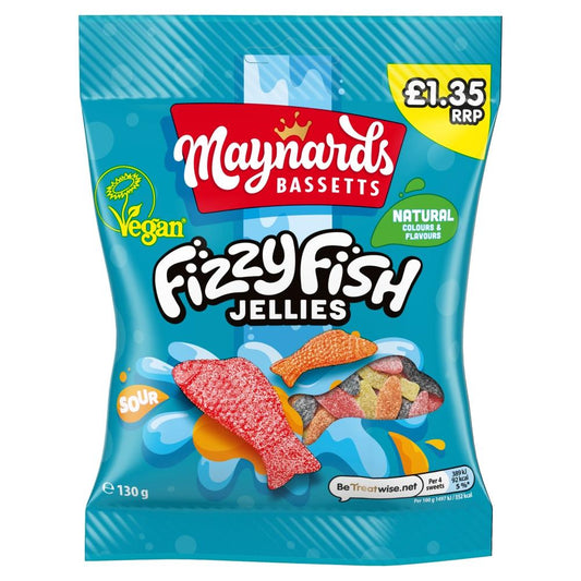 Maynards Bassetts Fizzy Fish Sweets Bag £1.35 PMP 130g – 12 x 130g