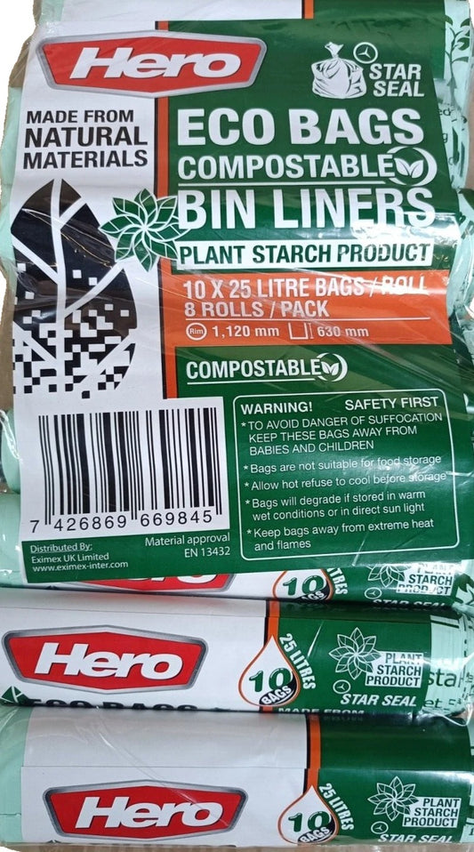 Hero Eco Bags Compostable Bin Liners 10 x 25 Litre Bags/Roll 8 Rolls/Pack – 8 x 10s