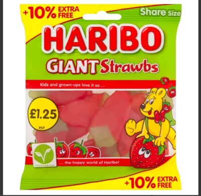HARIBO Giant Strawbs Strawberry Flavour Chewy Jelly Sweets Sharing Bag 154g – 12 x 154g