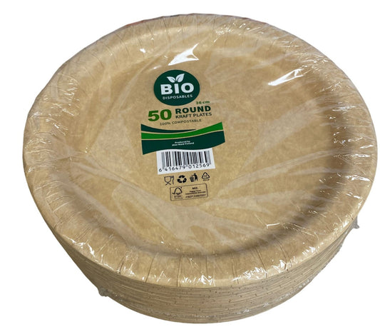 Bio Disposables 50 Round Kraft Plates 26cm – 6 x 50pk