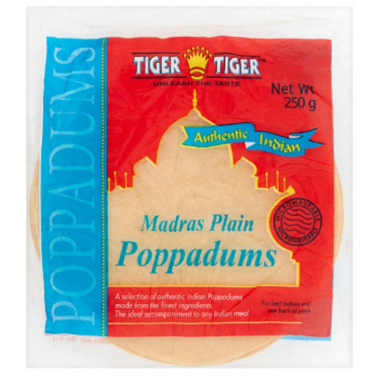 Tiger Tiger Authentic Indian Madras Plain Poppadums 250g – 60 x 250g